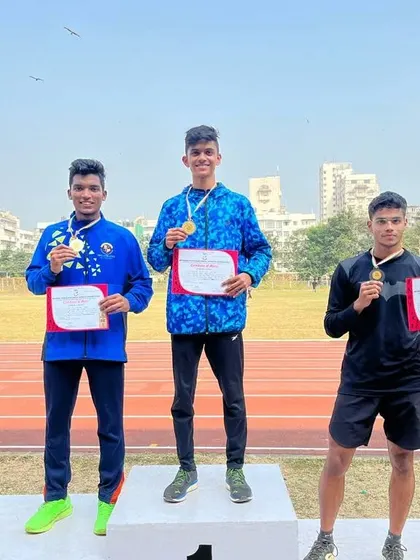 The podium for the 400m run at the Mumbai University Zonal Athletics Meet, with my athletes Gagan and Yash taking silver and gold.