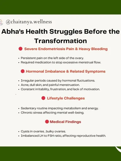 Before her transformation, Abha struggled with severe endometriosis pain, heavy bleeding, irregular periods, acne, and chronic stress. Her medical reports showed ovarian cysts and hormonal imbalances.