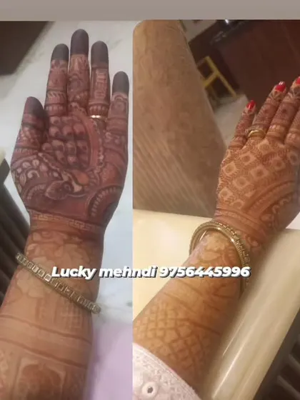 This image shows the before and after of my mehndi work. On the left is the fresh henna paste, and on the right is the beautiful, dark orange stain after the paste has been removed.