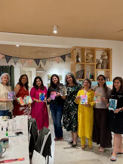 The best part of any workshop is seeing the proud smiles at the end. This group of friends celebrated a special occasion with a private painting party and left with their own beautiful abstract artworks.