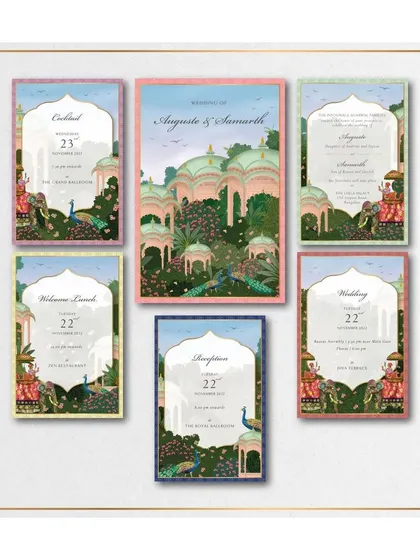 This suite was designed to feel like a royal garden, with custom illustrated palace arches and peacocks inspired by the wedding venue. The pastel colors and intricate details create a soft yet regal aesthetic.