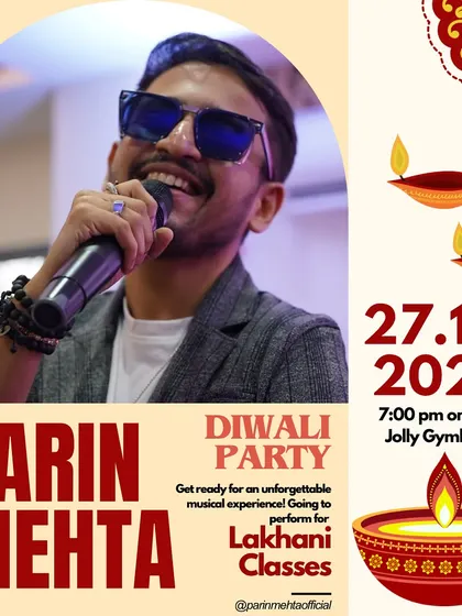 An event poster for a Diwali party hosted by Lakhani Classes. I am often booked for corporate and community festive celebrations.