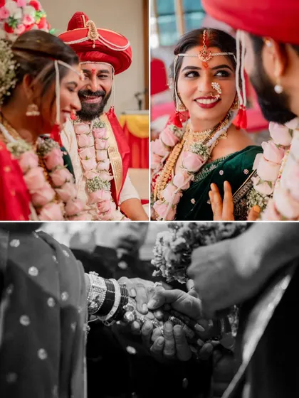 A collage of candid moments from a wedding ceremony, showing the couple's smiles and the traditional hand-holding ritual.