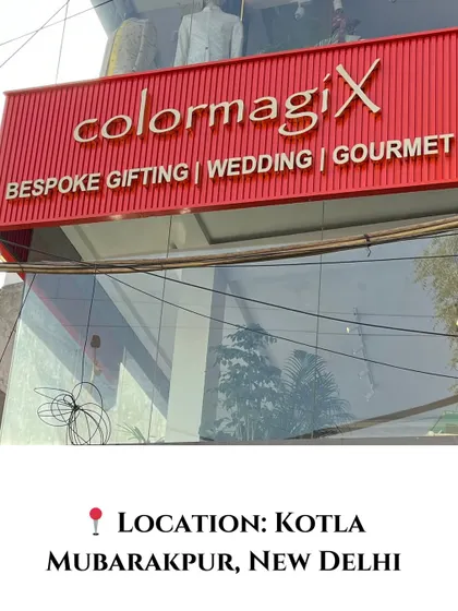 The storefront of our new location in Kotla Mubarakpur, New Delhi. We offer bespoke gifting solutions for weddings, corporate events, and gourmet occasions.