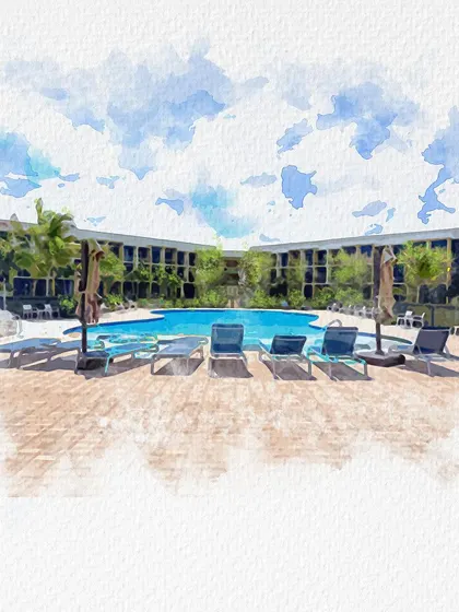 A rendering of the pool and recreation area for the Aruba Institute. The design focuses on creating a holistic campus experience that supports student well-being.
