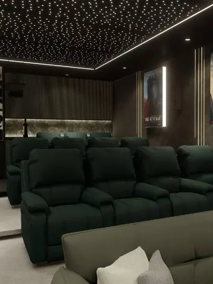 This view shows the different seating zones, with recliners in the back and a more casual sofa arrangement in the front.