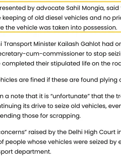 This article details the context of the High Court's intervention, noting the concerns raised over the transport department's continued drive to seize old vehicles even when they were not being driven on the roads.