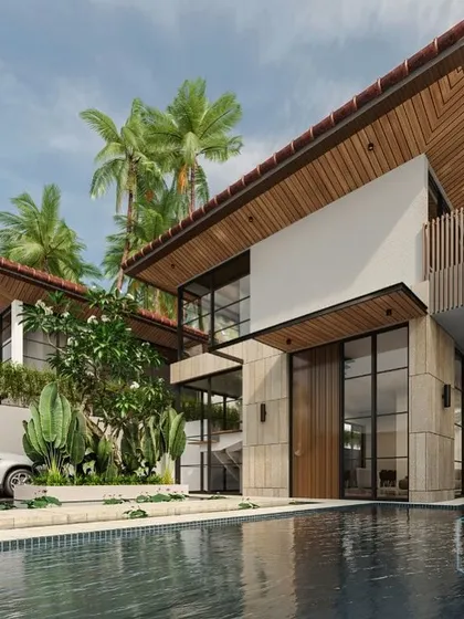 An architectural design for a pair of villas in Guirim, Goa. The concept features a contemporary Balinese design with a 2500 sqft G+1 layout, a private lap pool, and a blend of sleek lines with rustic wood and stone textures.