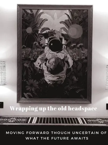 A black and white version of the 'Recuperation' painting, used to convey the concept of leaving a monochrome headspace behind. The artwork is a metaphor for moving forward with renewed energy into a more colorful future.