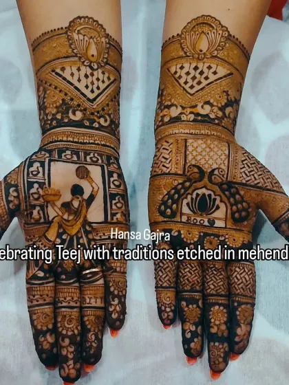 Celebrating the festival of Teej with traditions etched in mehendi. This design features a woman on a swing and delicate lotus motifs, carrying the essence of joy and love.
