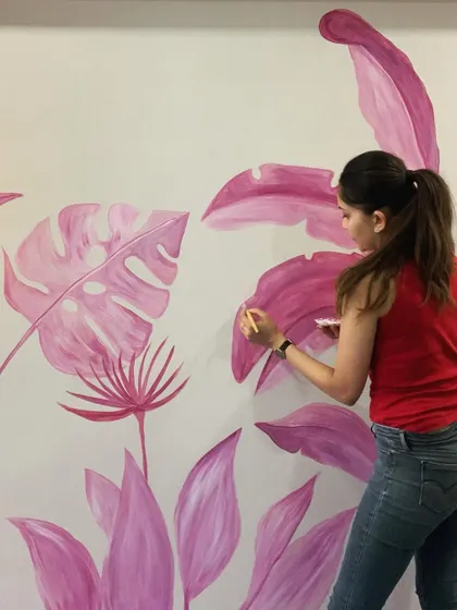 Working on a monochromatic pink tropical mural. Using different shades of a single color can create a very sophisticated and modern look.