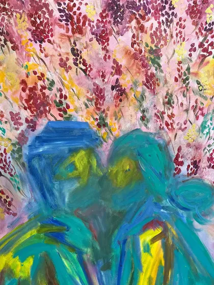 A closer look at the abstract figures in the wedding gift painting. I used bold strokes and a bright color palette with acrylic on canvas to create a piece full of energy and love.