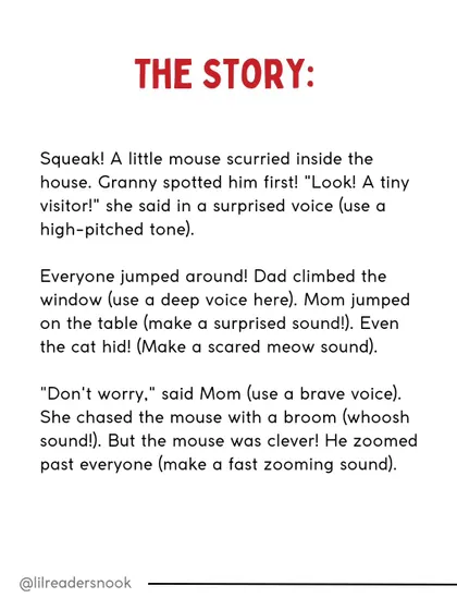 Here is the text for the "A House for Mouse" story. I've included prompts for using different voices and sounds to make the story more interactive and engaging for your little one.
