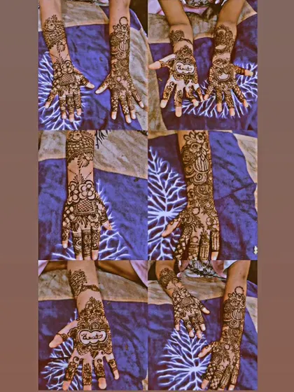 A collage showcasing the variety of my work. You can see different styles here, from simple guest mehendi to more intricate patterns with personalized names.