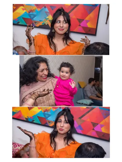 Candid moments from a mehendi party, capturing the joy and interactions between family members of all ages.