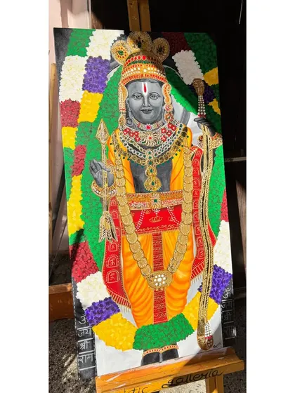 My Ram Lalla painting displayed on an easel. This shows the scale and presence of the artwork. It was a commissioned piece that has now been sold, but I can create a similar custom painting for you.