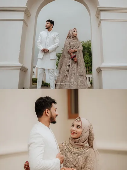 A duplicate of image 78, showcasing the couple's elegant wedding outfits and their sweet interactions.