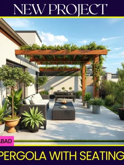 A new project in Faridabad featuring a beautiful wooden pergola with climbing vines. This design creates a natural canopy over the outdoor dining and lounge area, blending the structure seamlessly into the garden.