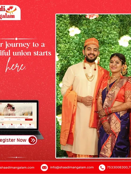 A smiling Maharashtrian couple stands against a vibrant backdrop. Our service helps you plan a beautiful union that reflects your heritage.