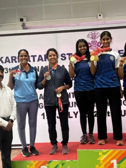 Teamwork makes the dream work. Our Women's ISSF Pistol Team celebrates their silver medal win at the Karnataka State Shooting Championship, showcasing the collaborative spirit we foster at the academy.