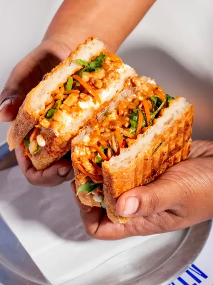 Holding the Pulled Pork Kimchi Focaccia, ready to be devoured.
