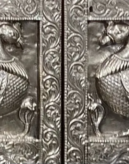 These 'Auspicious Peacocks' are carved in silver on the doors of the Sri Subramanya Swamy Temple in Bengaluru. I often draw inspiration from such traditional craftsmanship when curating collections around a theme like the peacock.