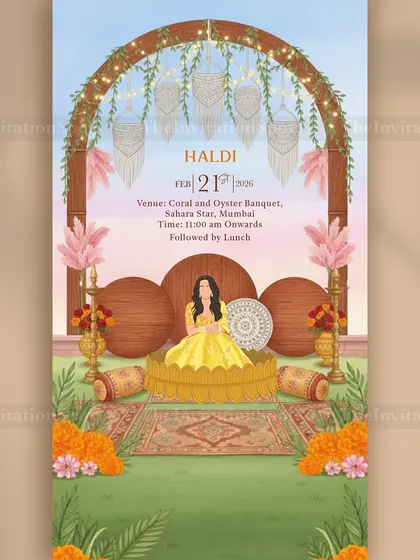This Haldi invitation features a custom illustration of the bride against a boho-chic macrame backdrop. The design uses warm, sunny colors and floral elements to perfectly capture the joyful vibe of the ceremony.