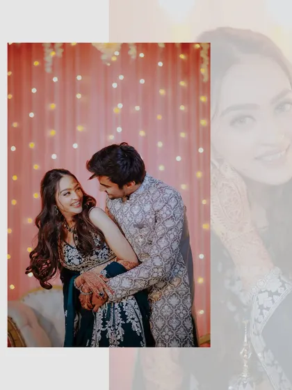A playful and romantic moment from a Sangeet or engagement party. The beautiful bokeh of the background lights adds a magical touch to the scene.