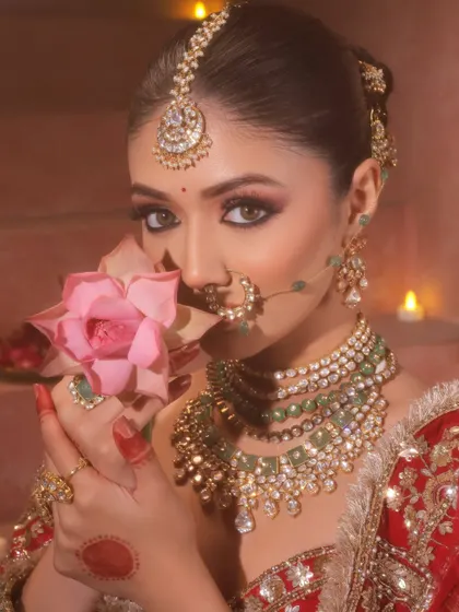 A creative shot with a lotus flower, highlighting the soft yet defined eye makeup and the traditional alta on her hand. The details come together to create a poetic and beautiful image.