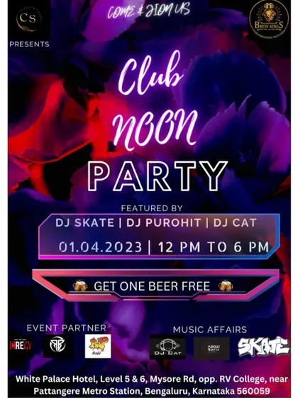 Flyer for a "Club Noon Party" at White Palace Hotel, an afternoon event I played.