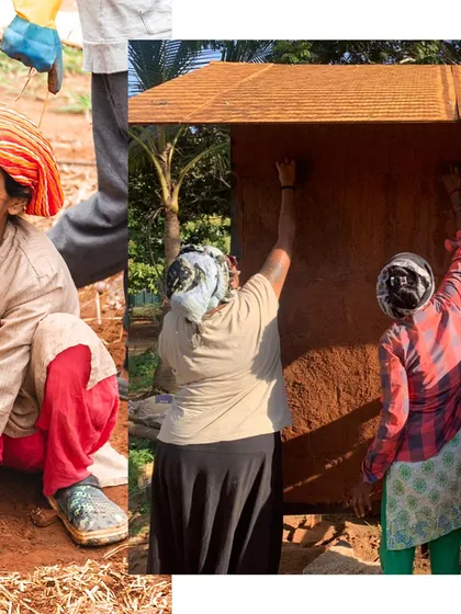 A collage capturing the joy and teamwork of our women masons. Whether mixing materials or applying finishes, their smiles show the pride they take in their work.