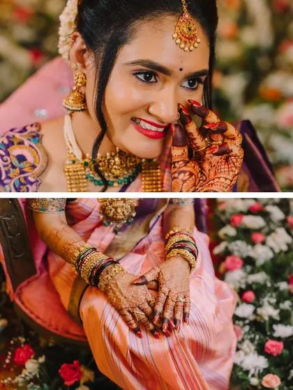 A collage showing the bride's emotional and detailed moments, from a happy tear to the intricate henna on her hands.