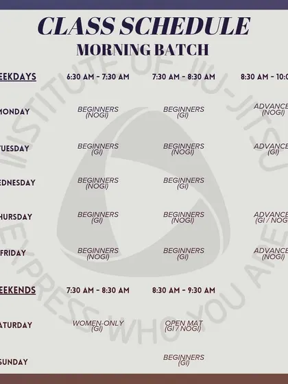 An updated morning class schedule showing our Gi and No-Gi sessions for both beginners and advanced practitioners.