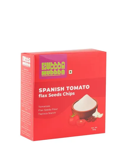 A crisp e-commerce packshot of Spanish Tomato flax seed chips. The clean white background ensures the vibrant packaging stands out on any online store.