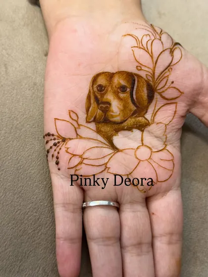 A slightly different angle of the floral dog portrait, highlighting the delicate linework of the petals and the soft expression on the dog's face.