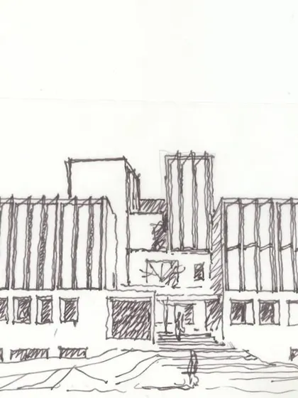 A monochromatic sketch for the VIT facade, exploring a more brutalist language with strong vertical elements and rhythmic openings.