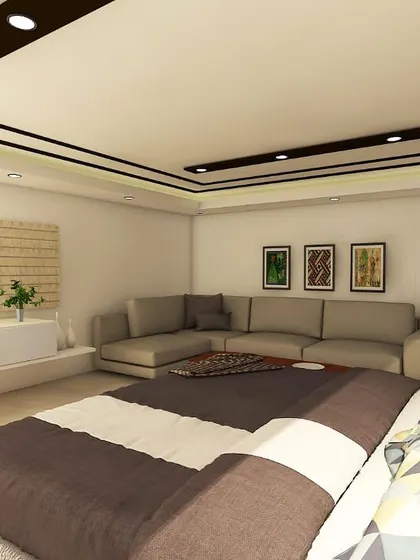 A minimalist bedroom layout with a low-profile bed and a simple false ceiling design, perfect for those who prefer uncluttered and serene spaces.