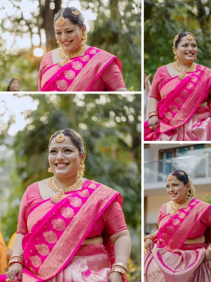 A collage of the beautiful bride enjoying her haldi ceremony. Her radiant smile and stunning pink saree shine in these candid portraits.