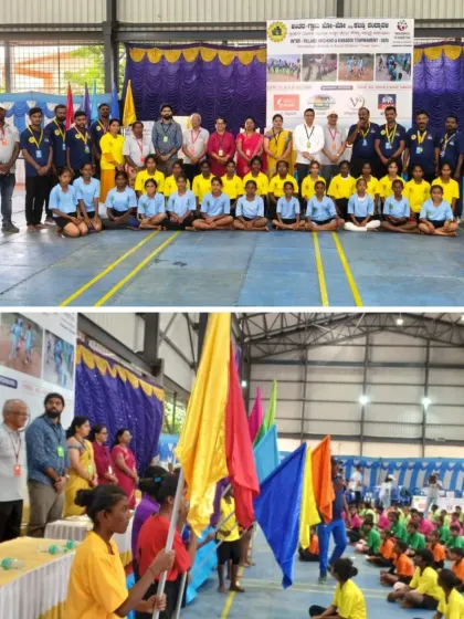 The opening ceremony of the Inter-Village Kho-Kho & Kabaddi Tournament. The colorful flags represent the diversity of the 121 villages that participated, showcasing the wide reach and community spirit of grassroots sports.