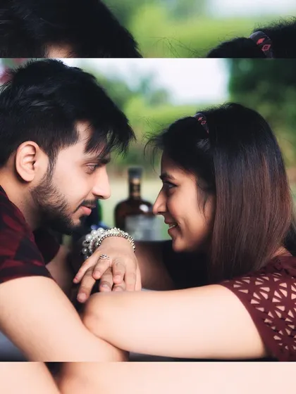 A close-up, intimate moment from a casual pre-wedding shoot. Their eye contact speaks volumes, showing a deep and playful connection.