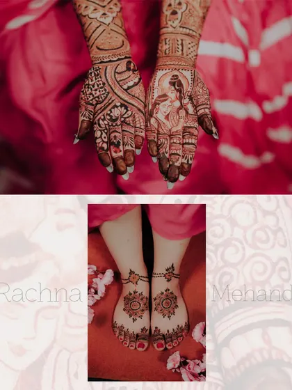 A diptych focusing on the intricate Mehandi design on the bride's hands and feet. One hand even features a portrait of the bride herself.