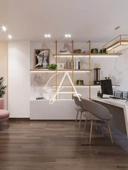 Another angle of the doctor's consultation area. The design incorporates fluted paneling, a marble accent wall, and soft lighting to create a space that feels more like a high-end office than a clinic.