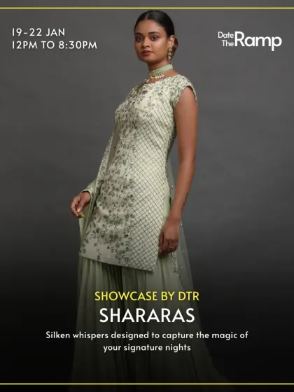 A model poses in a sophisticated mint green sharara set from our showcase. The delicate embroidery and subtle color palette offer an elegant and understated option for daytime events.