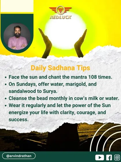 This image provides daily sadhana tips for the 12-Mukhi Rudraksha. This includes facing the sun to chant the mantra 108 times and offering water and marigolds to Surya on Sundays to enhance its power.