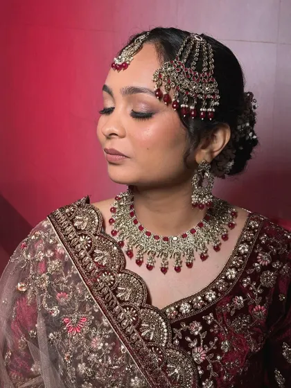 A close-up of the Nikkah makeup, with a focus on the soft, shimmery eyeshadow and flawless skin.