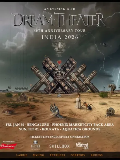 The main poster for Dream Theater's 40th Anniversary Tour in India, featuring surreal artwork and dates for Bengaluru and Kolkata.