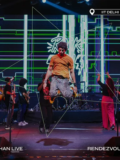 Farhan Akhtar's high-energy, mid-air jump during his performance at Rendezvous X, IIT Delhi.