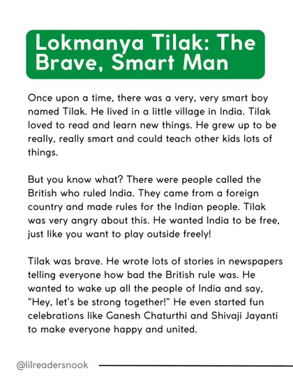 Here is the story of Lokmanya Tilak, the brave and smart man who used newspapers and festivals to unite people against British rule. It teaches children that even small people can do big things.