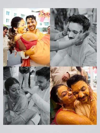 A mix of color and black and white shots from a Haldi ceremony, capturing the groom lifting the bride and other playful interactions. This collage highlights the dynamic energy of the event.