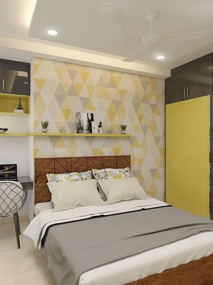 Another concept for the same client, this time with a pop of color. The geometric yellow wallpaper and matching shelves add a cheerful and energetic vibe to the workspace and bedroom.